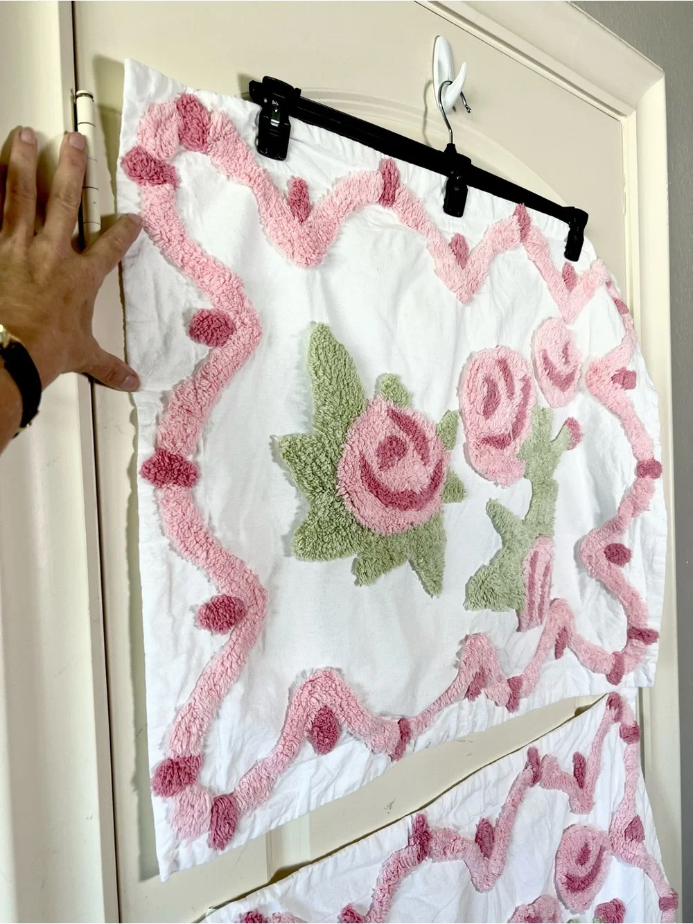 Vintage Shabby Chic Chenille Pink Rose Pillow Shams Set of 2 White Cotton